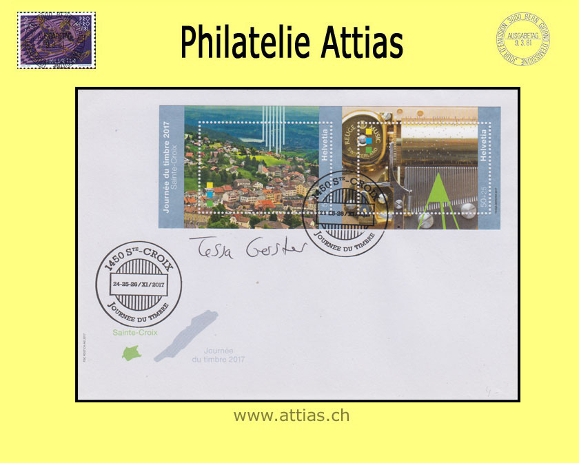 CH 2017 Stamp Day Sainte-Croix VD, cover Post C6 with bloc cancelled 24-25-26 / XI 2017 - 1450 Ste-Croix signed