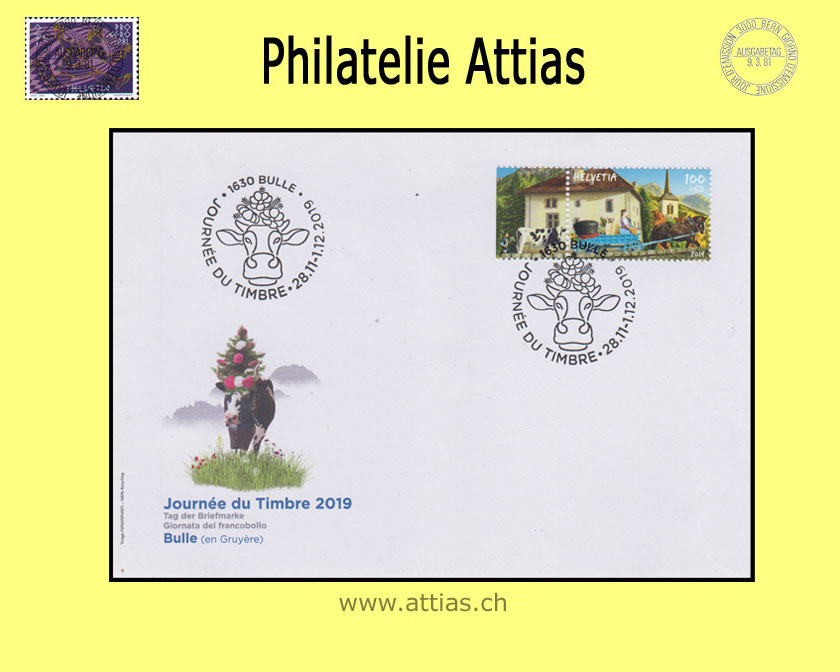 CH 2019 Stamp Day Bulle FR, cover C6 with stamp out of bloc cancelled 28.11.-1.12.2019 1630 Bulle